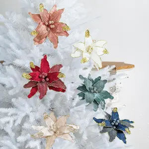 26cm Wine Red Faux Velvet Christmas Flower Artificial Christmas Flower With Glitter Simulated Flower Christmas Tree Wreath
