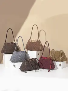 Women's Handwoven Matte Faux Leather Shoulder Bag, Drawstring Design Crossbody Basket Clutch, Elegant Daily Use Gift Bag, Crossbody Clutch Purse