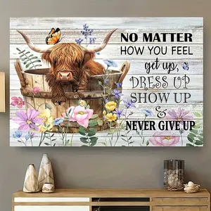1 Piece Highland Cow Canvas Wall Art with Wooden Frame - Country Farmhouse Decor, Cute Cow Pattern, Includes 'Never Give Up' Inspirational Quote, Highland Cow and Floral Bucket Decor - Home Ready-to-Hang Oil Painting - Soft Floral Embellishments