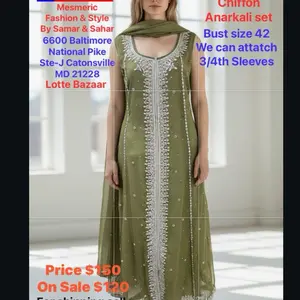 Chiffon anarkali kurta set bust 42 . It has crystal stone work embroidery. It has 3/4 long sleeves .