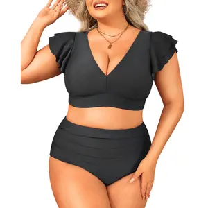 Daci Plus Size Two Piece Bikini Swimsuits - High Waisted Tummy Control Women Bathing Suits with Ruffle Sleeve Swimwear