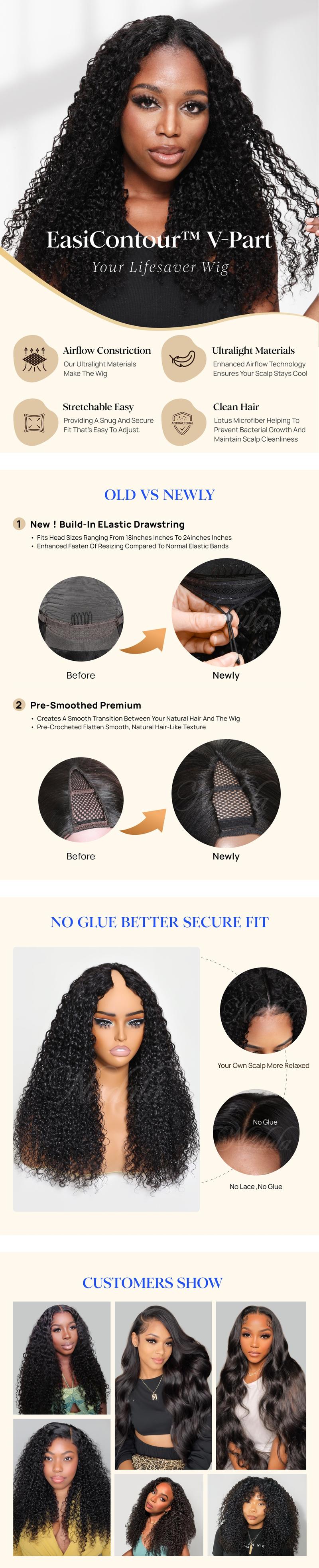 Nadula EasiContour Jerry Curly V Part Human Hair Wig Glueless Beginner Friendly Quick Easy Install No Skill Required Leave Out Option TikTokShopStockUp