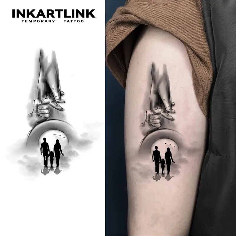 INKARTLINK Tattoo Tech 2-Sheet Large Realistic Fake Tattoo Stickers - Happy Family Patterned Body Art Overlay, Waterproof, All Skin Types Safe, 1-2 Weeks Long Lasting, No Adhesive Reflection