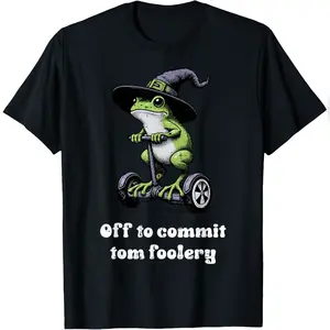 Menswear Casual Short-Sleeve Graphic T-Shirt - "Off To Commit Tomfoolery" Funny Frog Saying Essential Daily Tee for Men