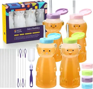 4-Pack Juice Buddies straw cup Long Straws, Squeezable Therapy and Special Needs Assistive Drink Container, Spill Proof and Leak Resistant Lid