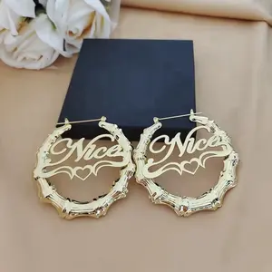 Custom Nameplate Bamboo Hoop Earrings - Customizable Design with Unique Twist Feature