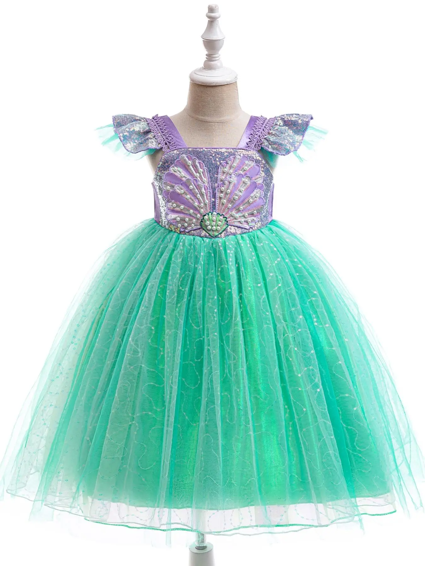 Mermaid Princess Dress, Sequins Decor Square Neck Tulle Dress for Party, Kids Clothes for All Seasons