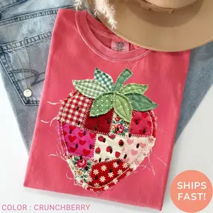 Comfort colors Strawberry TShirt, Patchwork Quilted Farmhouse Berry Tee, Rustic Gingham Floral Cottagecore Aesthetic, Vintage Print T-Shirt