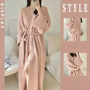 COZY soft plush women’s bathrobe in solid color, thickened thermal lining, long sleeves, drop shoulders; loose, casual, soft, comfortable, warm; includes a thermal pocket and a belt; V-neck dressing gown for women; ladies’ winter sleepwear/loungewear