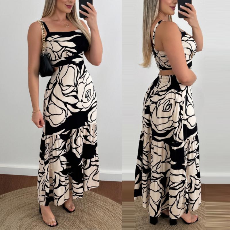 CHICME Women's Floral Print Hollow-out Flowy A Line Maxi Dress Square Neck Backless Dress With Adjustable Straps