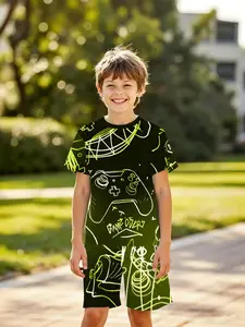 Boys' 3D Game Controller Theme Short Sleeve Graphic Print Set, Fluorescent Game over Graffiti Style, Summer Clothes for Parties, Gift for Birthdays