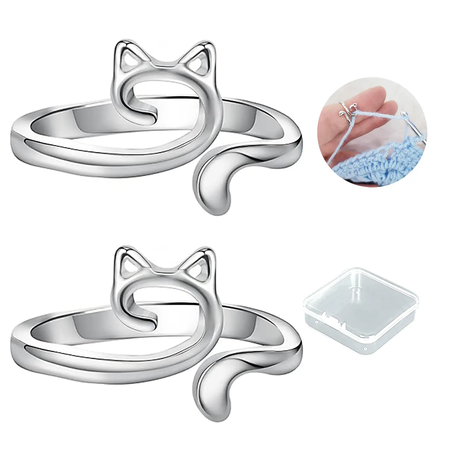 Crochet Ring for Finger Yarn Guide, 2 Count Adjustable Cat Design Knitting Loop Crochet Ring with Box, Knitting Accessory
