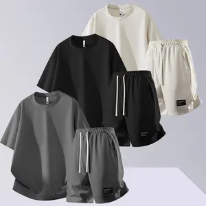 Men's 2-Piece Waffle Clothing Set - Gray, Black, Apricot Plain Outfit with Loose Short-Sleeve T-Shirt, Athletic Shorts, Soft Comfortable Casual Summer Street Wear