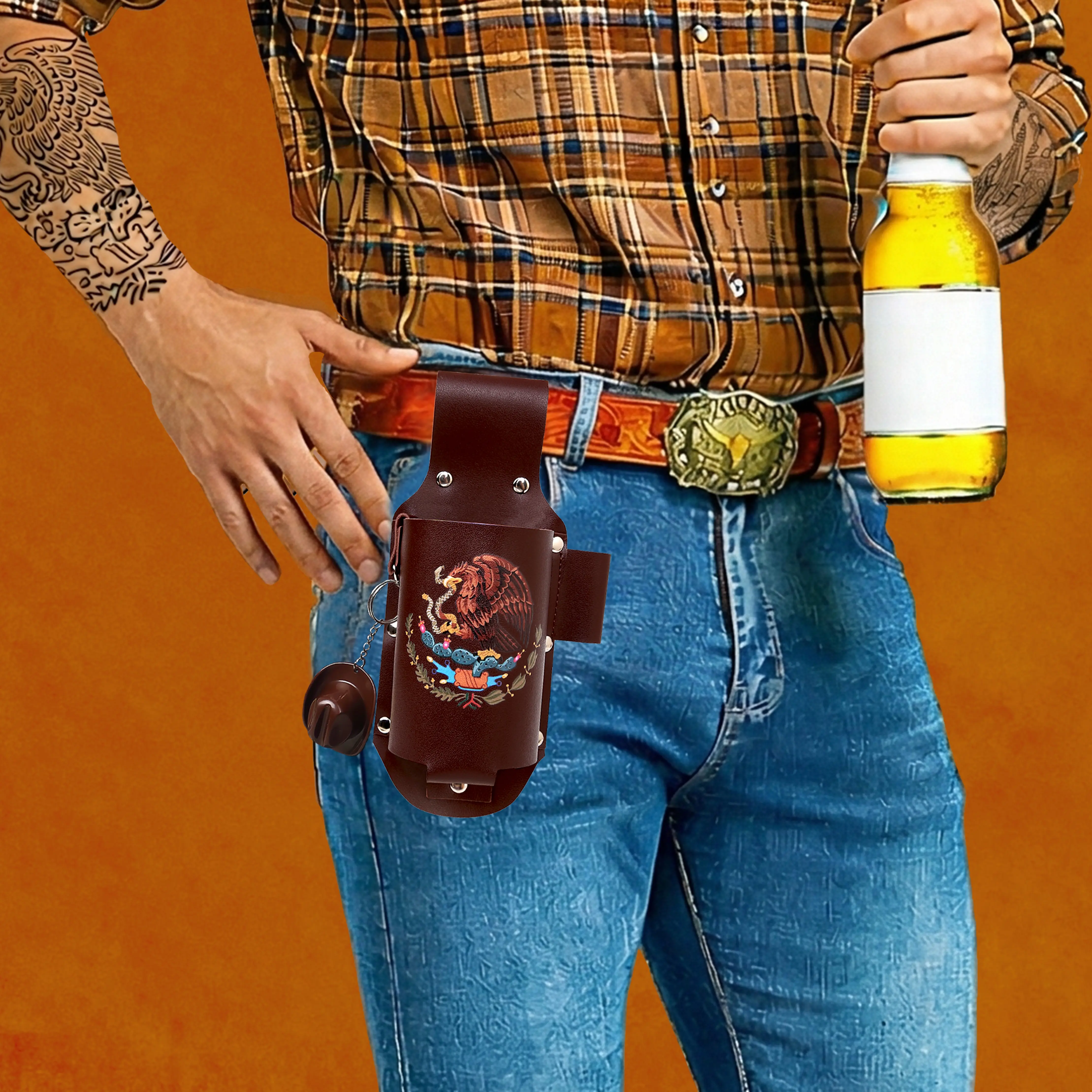 Traditional Mexican Drink Holster Belt Set, Brown BeverageHolders, Gift for Men