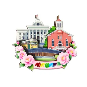 Montgomery, Alabama refrigerator magnet souvenir gift; U.S. refrigerator magnet featuring the State Capitol building on Dexter Avenue and a Baptist church; suitable for indoor decoration—kitchen, office, cabinets; personalized refrigerator magnet decor se
