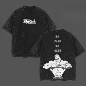 Acid Washed Cotton Oversized T Shirt Baki Anime Jack Hanma No Pain No Gain Double Printed Graphic Tee Muscle Fit Workout Streetwear Casual Gymwear Top Ideal For Otaku Fighters And Daily Sports Wear t-shirt