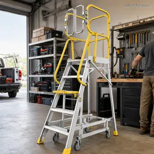 ARCH 5-Step 375lbs Aluminum Rolling Platform Ladder, Heavy Duty, Portable Collapsible, Heavy Duty Ladder, Portable Collapsible Ladder