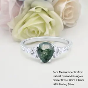 Art Deco Teardrop 1.25 Carat Natural Green Moss Agate Bridal Band Women Wedding Engagement Pear Shape Ring 925 Sterling Silver 8mm