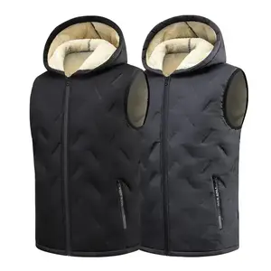 Men's autumn and winter wool lined thick hooded vest, outdoor warm sleeveless zipper vest, dad casual jacket