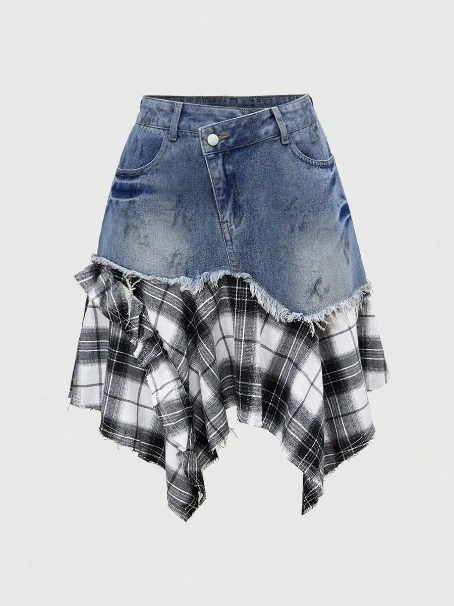 KOOZ Grunge Punk Spring/Summer Casual Romantic Punk, Collegiate Denim Patchwork Plaid Asymmetrical Hem Women Kpop Denim Mini Skirt
