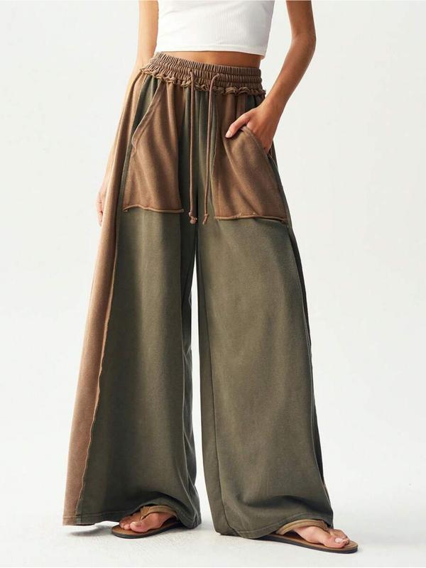 BOHO Ladies' Casual Knitted Patchwork Color Loose Wide-Leg Washed Pants