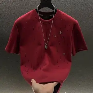 Summer short-sleeved men's tops heavy industrial light luxury high-end meteor full diamond T-shirt men's round neck half-sleeved T-shirt
