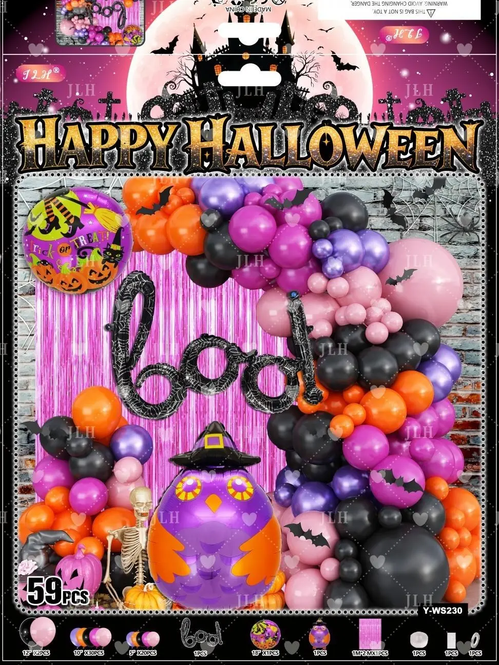 64Pcs All-In-One Pink Black Halloween Balloon Garland Kit With Skull Bat Ghost Foil Balloons & Happy Halloween Banner, DIY Spooky Cute Party Backdrop Decor For Girl Halloween Birthday