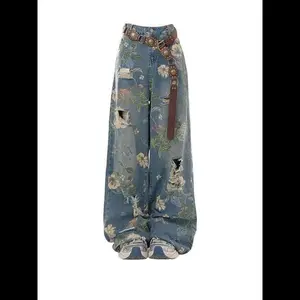 Floral Print Wide-leg Jeans - Retro Y2K High-waist Pants - Trendy Clothing for Women D936
