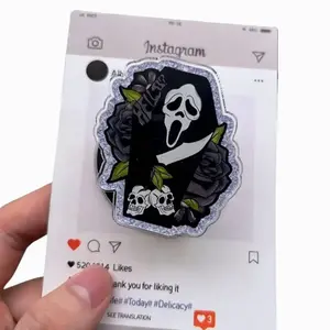 Funny Ghost Face Coffin MagSafe Grip – "Hell?" Quote Glitter Art, Spooky Horror Movie Aesthetic, Gothic Phone Accessory for Her.