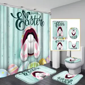 1/4pcs Colorful Easter Bunny and Egg Pattern Shower Curtain Set, Non-Slip Mats and U-Shaped Rugs, Toilet Seat Cover, Includes 12 Hooks for Bathroom Decor, Bathroom Decoration Accessories