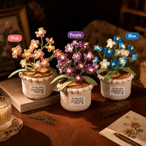 Forget Me Not Flower Lamp - Pink Crochet Artificial Flowers with Night Light, Cordless Table Lamp, Cozy Home Decor Crochet Gifts