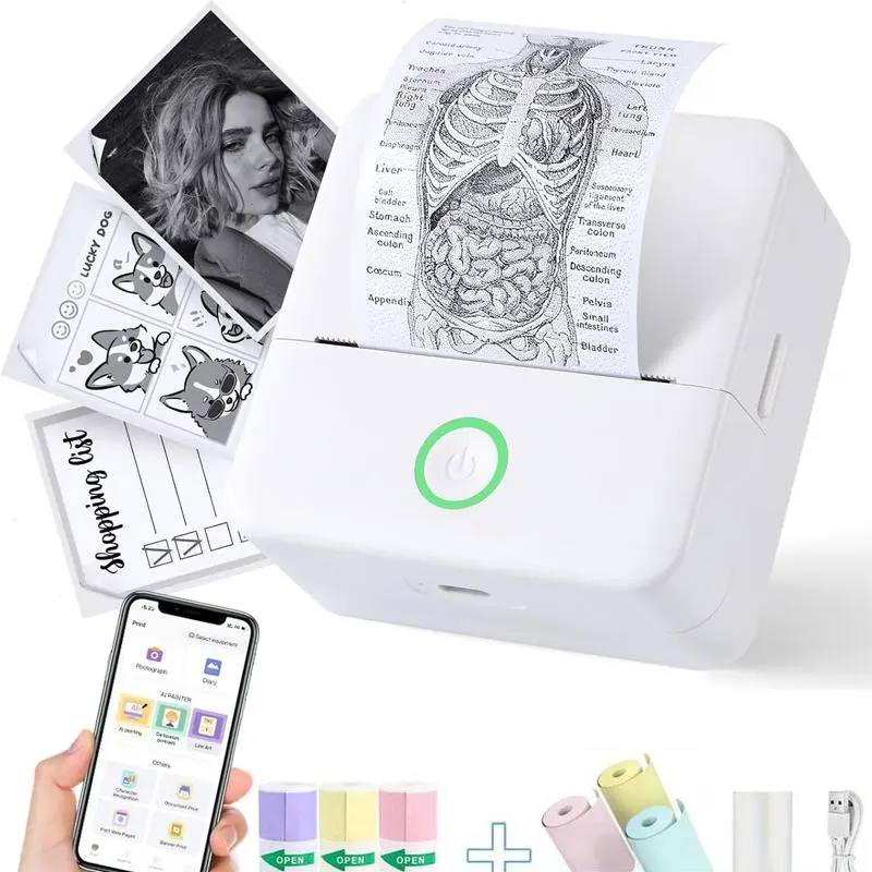 Mini Printer Portable Perfect Gift Wireless Sticker Printer for iPhone  1 Count USB Rechargeable Bluetooth-compatible Thermal Printer with 5 Rolls Paper, Compatible with iOS & Android, Office Supplies