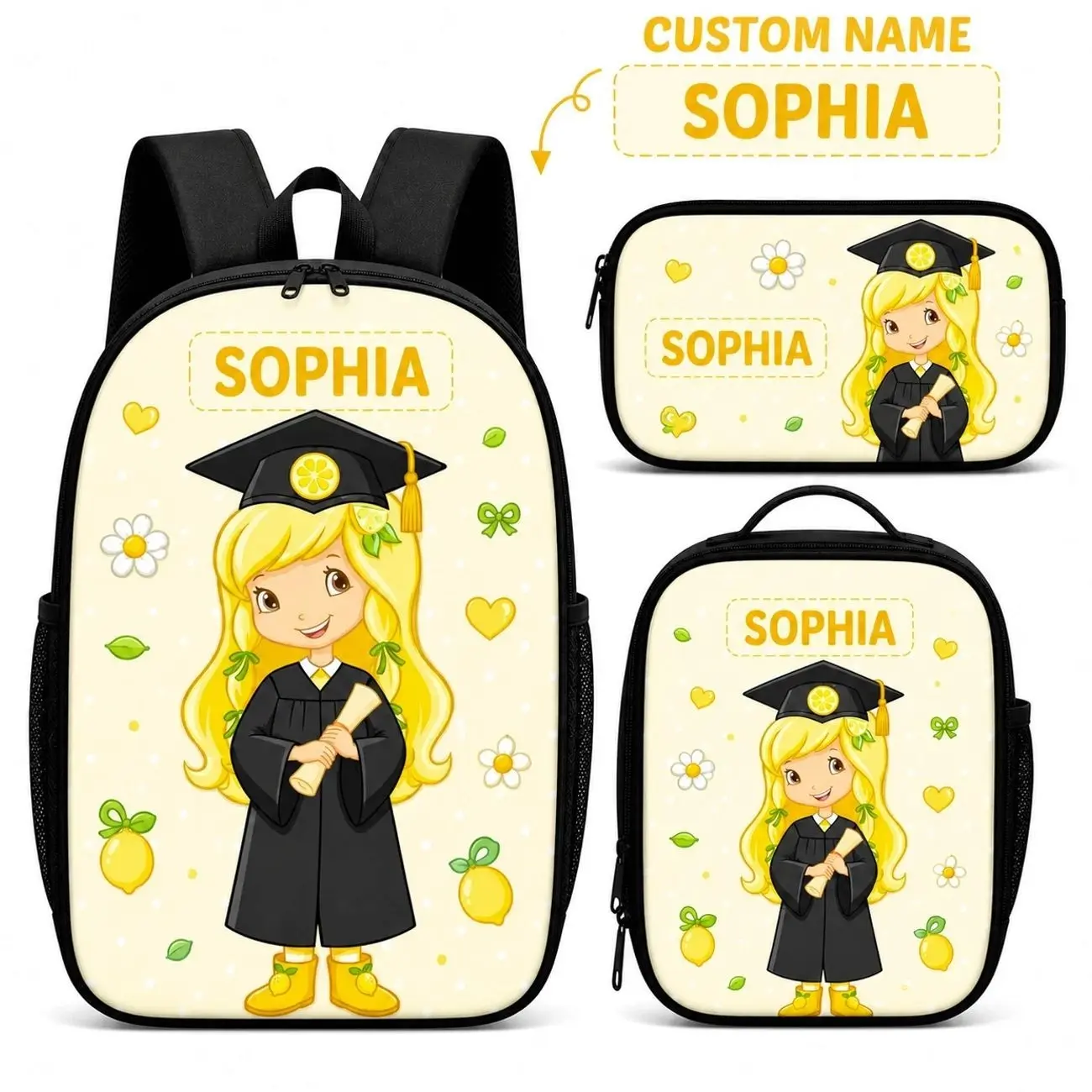 Personalized Spooky Cute Berry Girl Halloween Student Bag Set | 3Pcs Backpack Insulated Lunch Tote Pencil Pouch | Custom Kids Christmas Gift