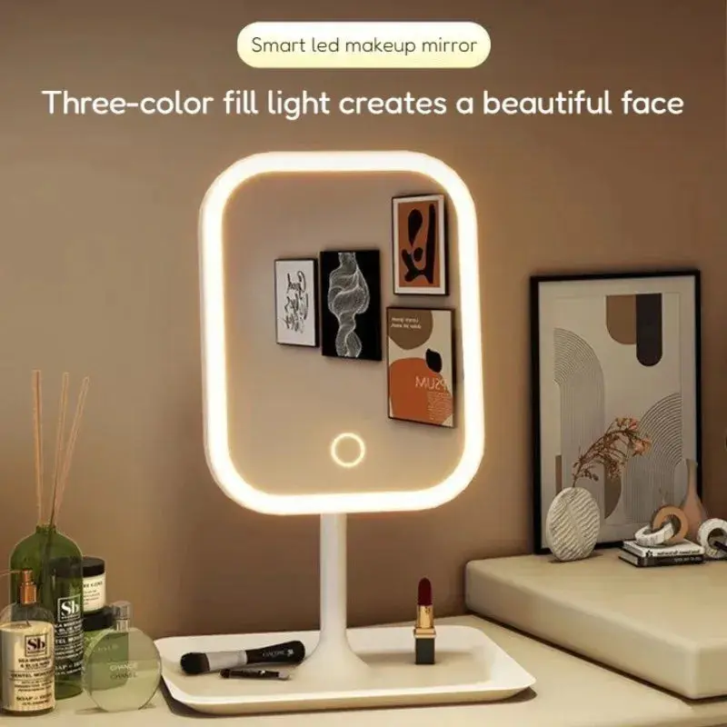 Built-in LED Lighting HD Glass Illuminated Face Tabletop Mirror, 3-Color Dimmable LED 3-Way Mirror for Student Dorm & Travel, Portable Flawless Makeup Home Decor Gift