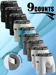 9 pcs long men's solid color underwear, Soft, comfortable, and lightweight, Suitable for Four Seasons sports, quick drying breathable elastic waistband sports pants, daily casual wear, suitable for fitness boxing, long men's flat underwear with pockets.