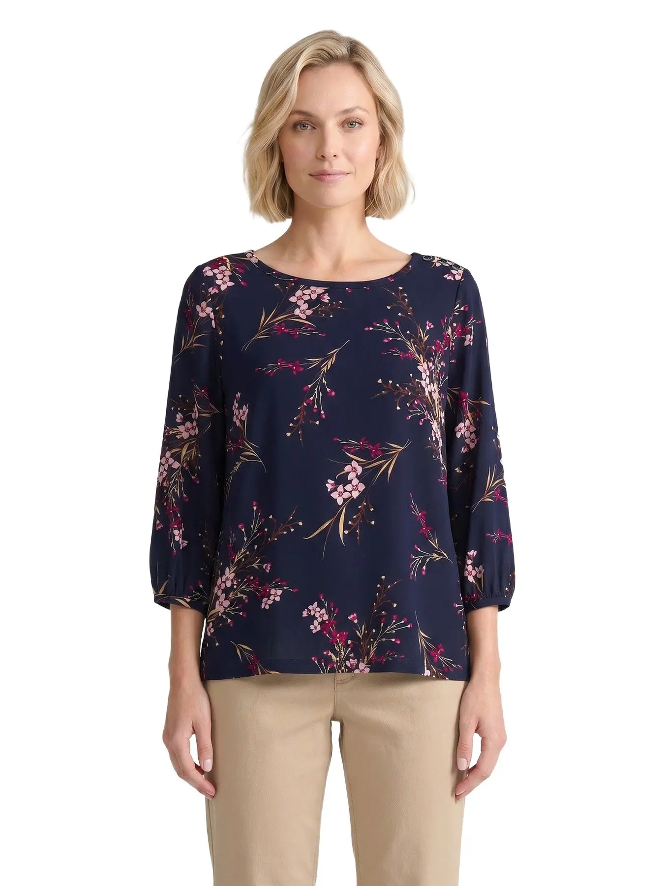 Button Shoulder Top, Printed Jersey Knit