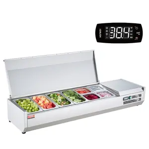 VEVOR Refrigerated Condiment Prep Station, 140 W Countertop Refrigerated Condiment Station, with 8 1/6 Pans, 304 Stainless Body and PC Lid, Sandwich Prep Table with Stainless Steel Guard, ETLVEVOR Super Brand Day