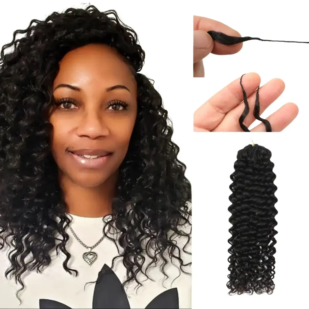 Water Wave Human Hair Extensions, 12-28in Pre-Separated Feather Crochet Human Hair Weaves, Natural Black, 60g Lightweight Packs
