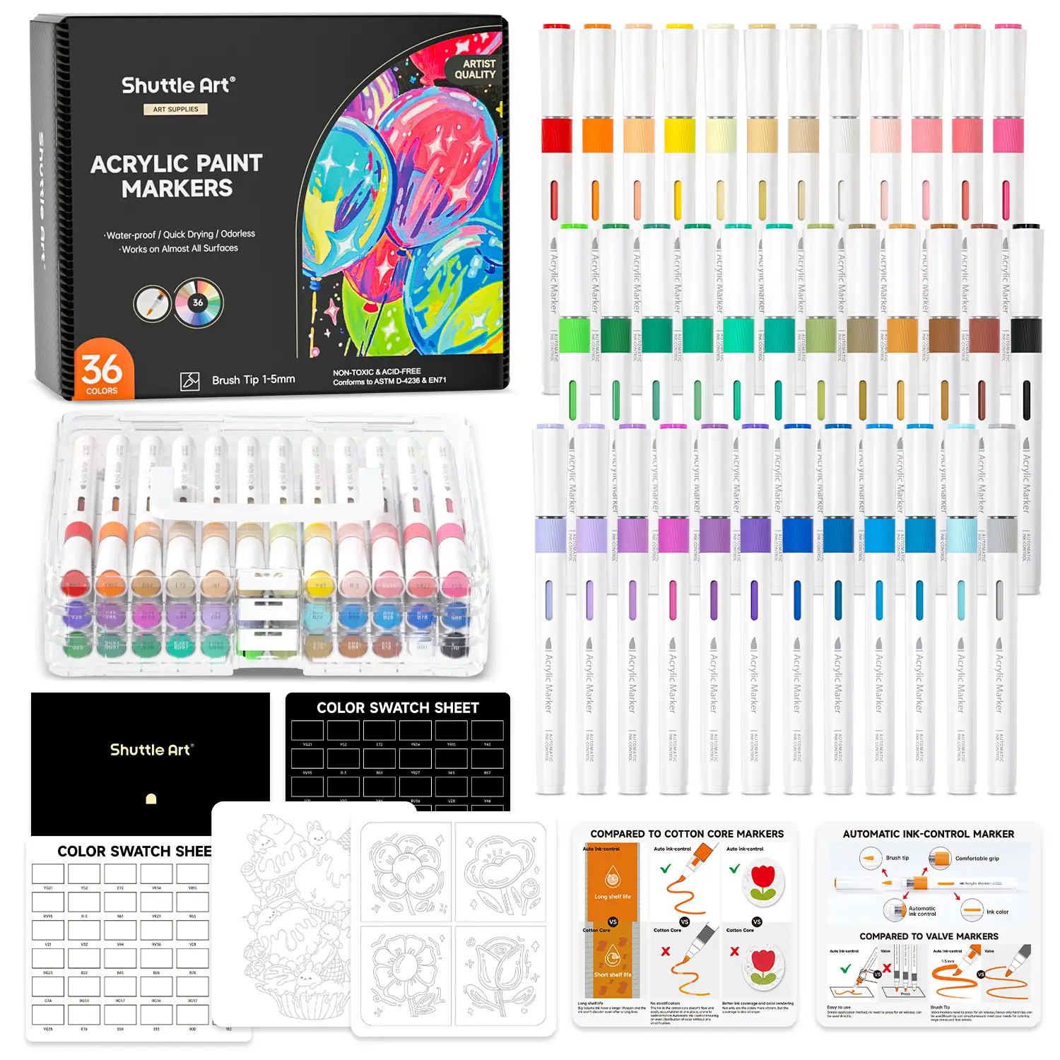 Shuttle Art Automatic Ink Control Acrylic Paint Markers, 36/60 Colors Brush Tip Acrylic Paint Pens for Rock Painting, Ceramic, Wood, Canvas, Glass, St