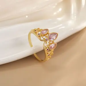 Princess Crown Rapunzel Ring for Women CZ Inlaid Open Ring Heart Shaped Promise Crown Ring Adjustable Jewelry Gift