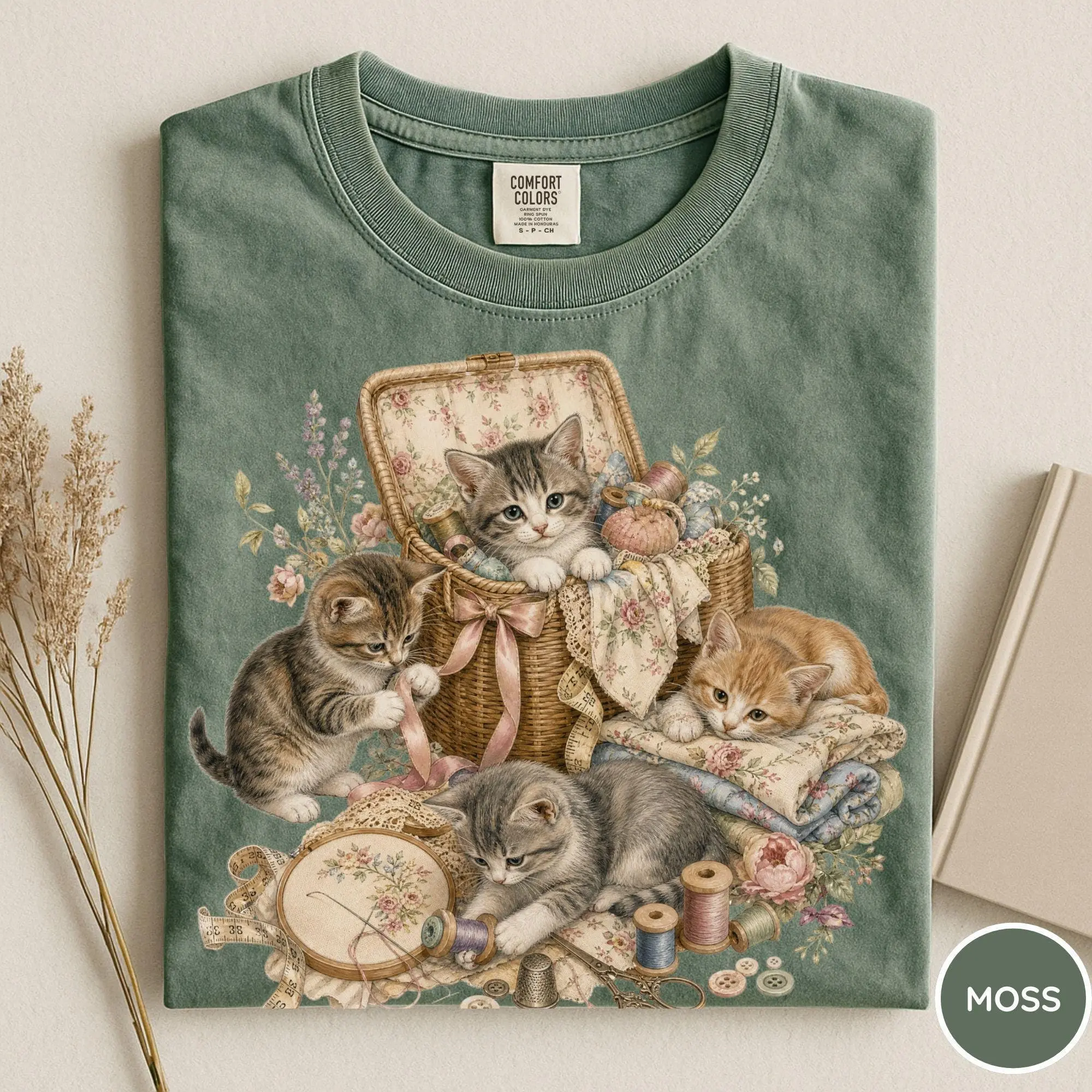 Comfort Colors Vintage Kittens Shirt - Whimsical Cottagecore Cat Tee, Quilting and Embroidery Lover Gift, Floral Seamstress Shirt