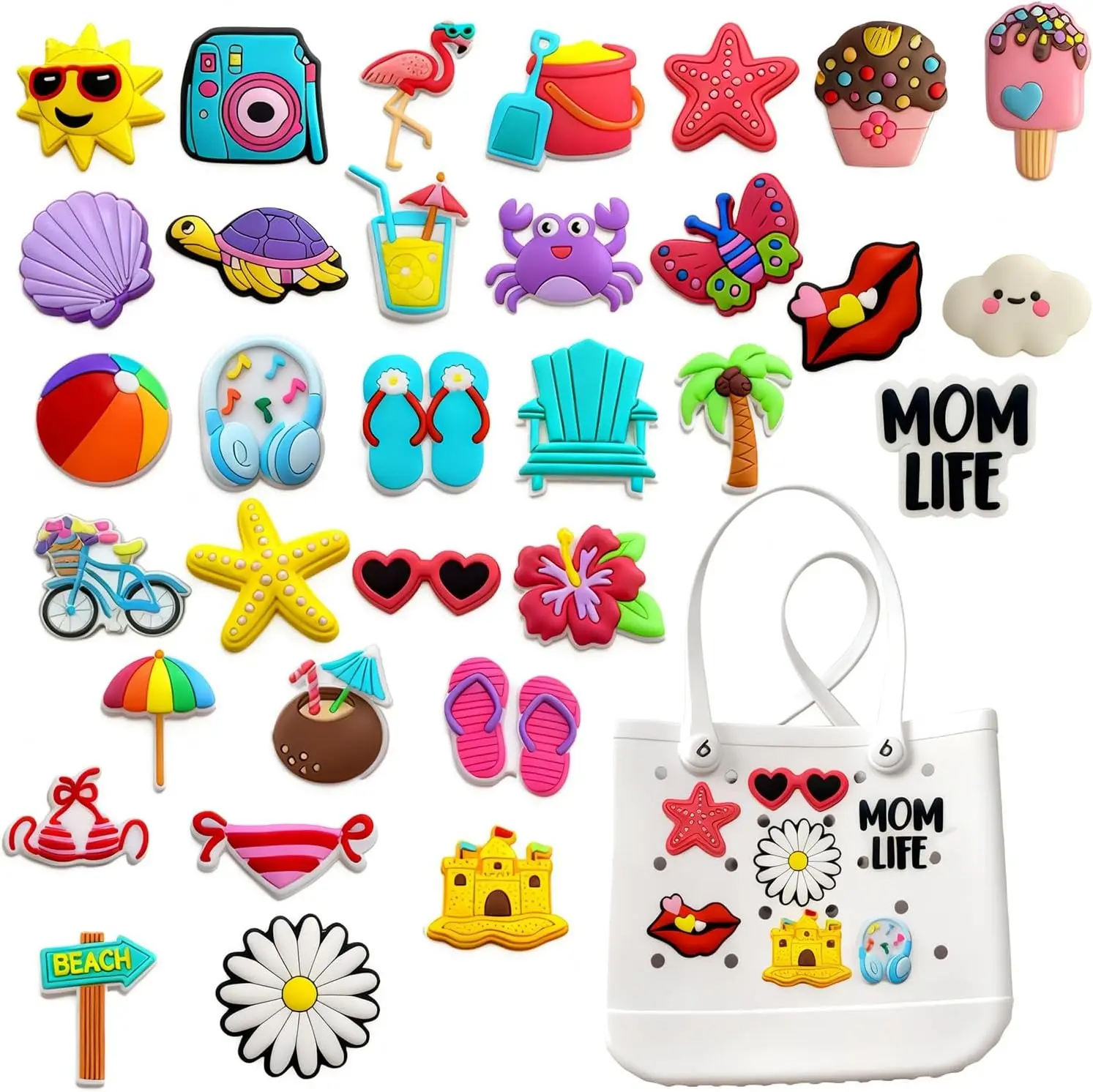 32Pcs Beach Bag Charms Accessories, Cute Sunshine Bikini Ocean Insert Decorations for Rubber Tote Bags, PVC Waterproof Charm Buttons for Large Beach Totes, Summer Vacation Essentials