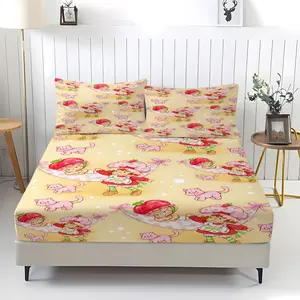3-piece strawberry girl patterned bed sheet set, including 1 bed sheet and 2 pillowcases, anti slip dust cover suitable for bedroom, suitable for daily holiday birthday gifts