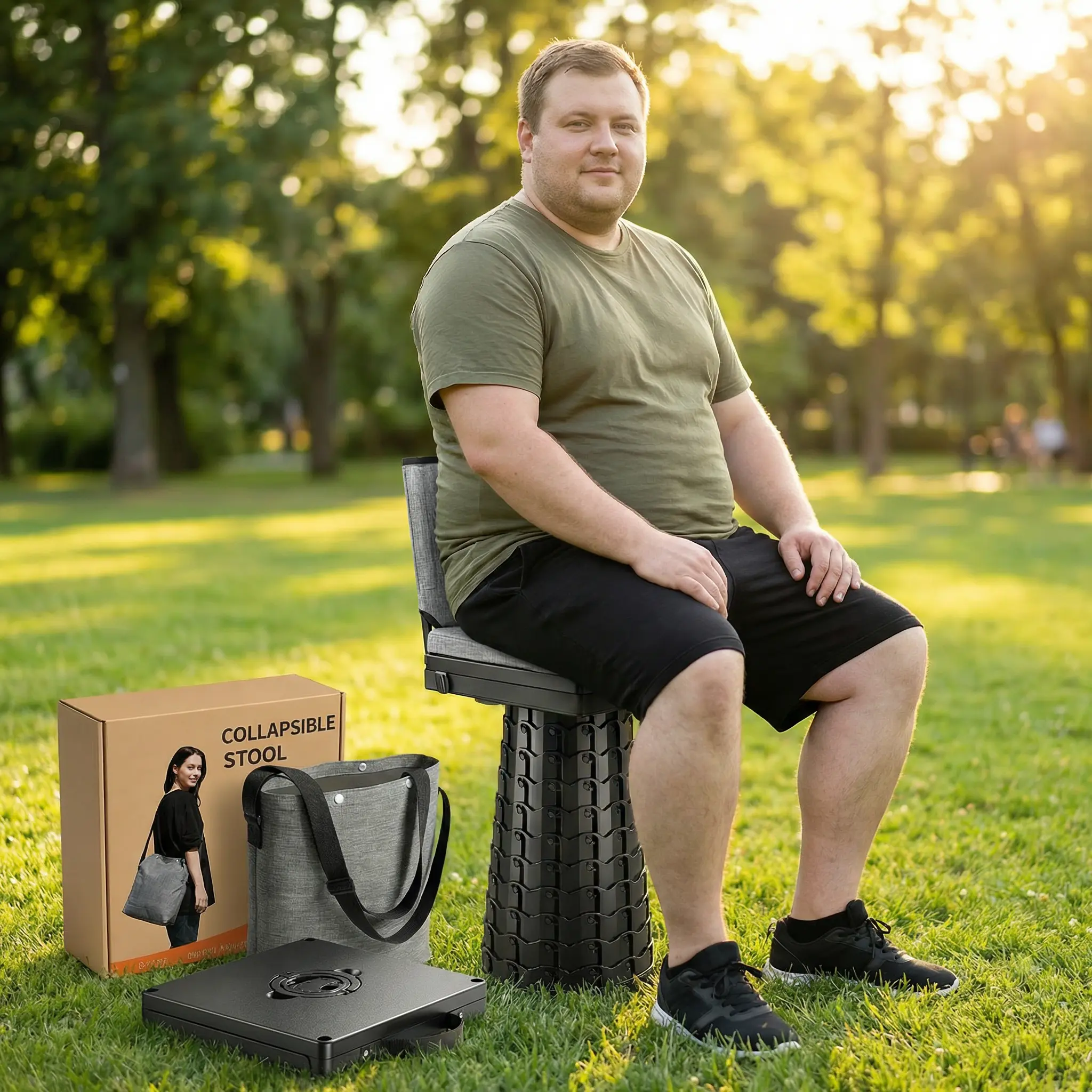 DIOELF 2026 Upgraded Sturdy Steel Frame Collapsible Telescoping Stool with Backrest, Cushion & Bag, 1000lbs Heavy Duty Portable Folding Lawn Chair, Outdoor Furniture for Camping
