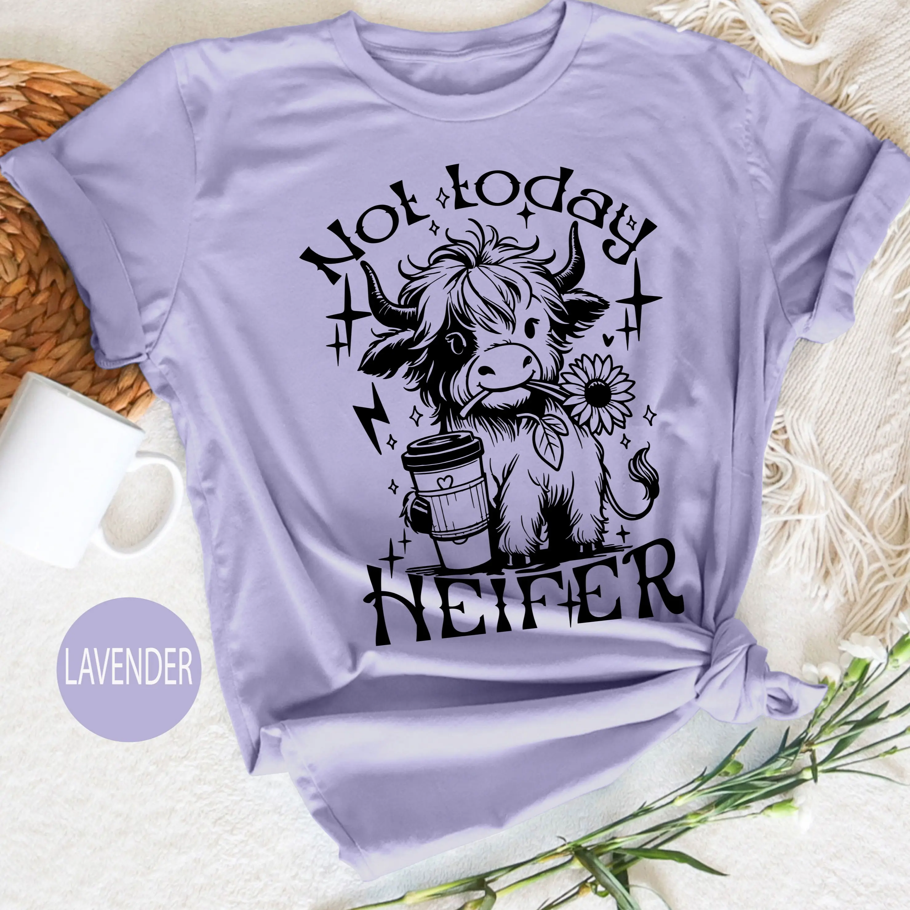 Higjland Cow Shirts Graphic Unisex Not Today Heifer Printed Women's Casual Cotton Shortsleeve Shirt Mint Green Cap T-Shirt - Leggings Top Womenswear Lightweight