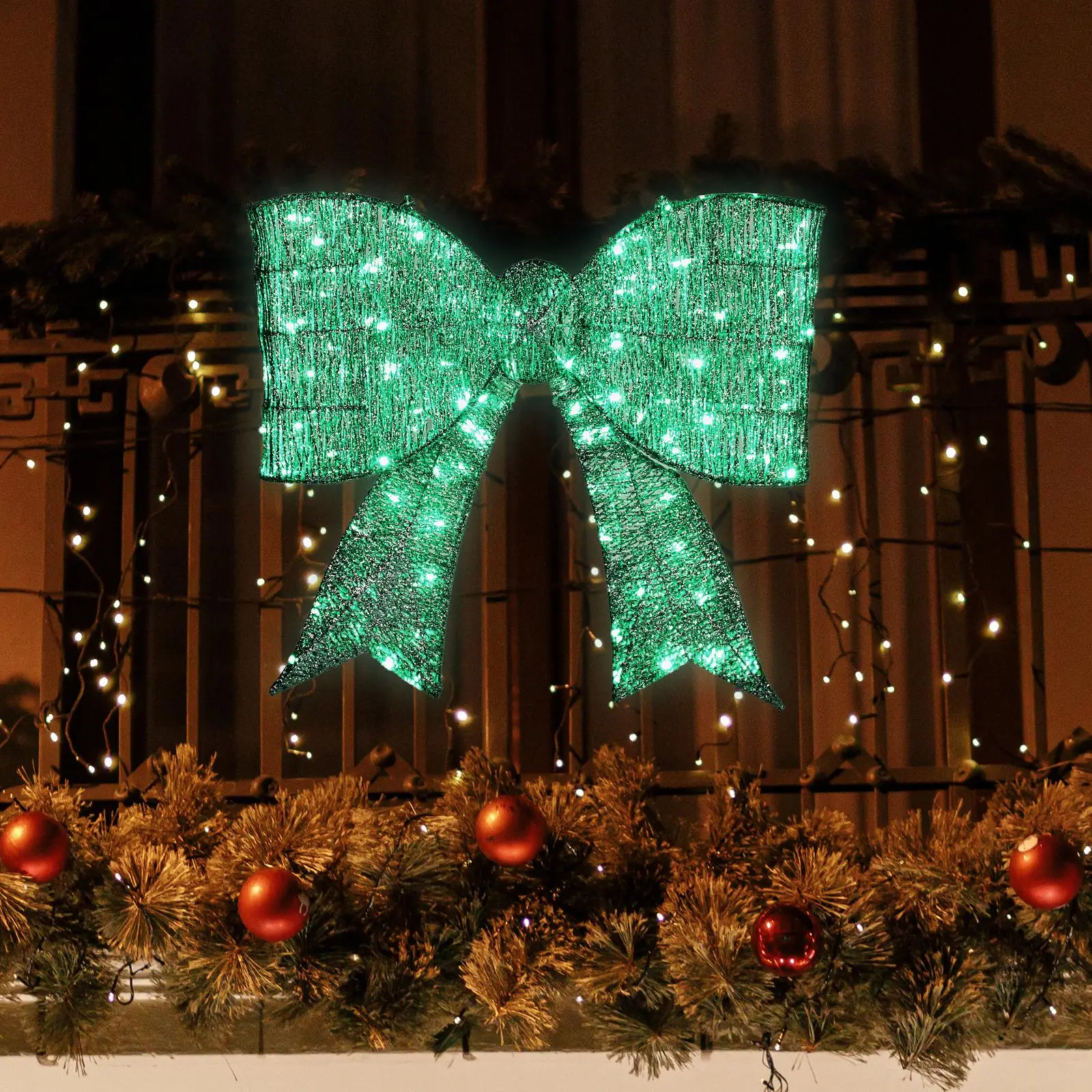 Giant Lighted Green Bowknot Christmas Decor - Metal Frame, 124 Warm White LEDs (Indoor/Outdoor for Door/Gate/Wall)