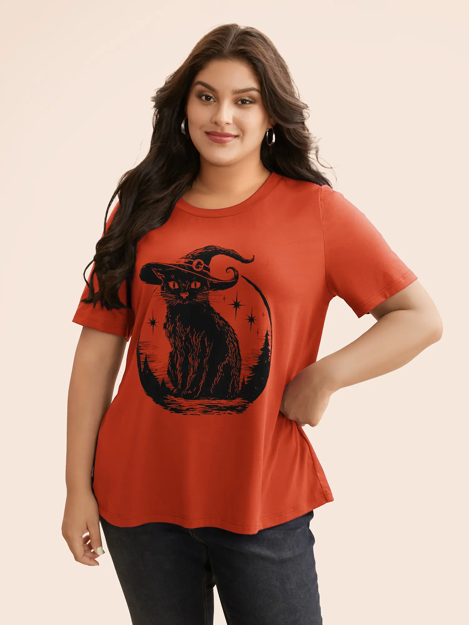 BLOOMCHIC Halloween Cat Print Fitted Crew Neck T-shirt - Casual Short Sleeve Summer Top for Women Fit Top Womenswear Tshirt Streetwear Summer Casual Rust,Summerfinds