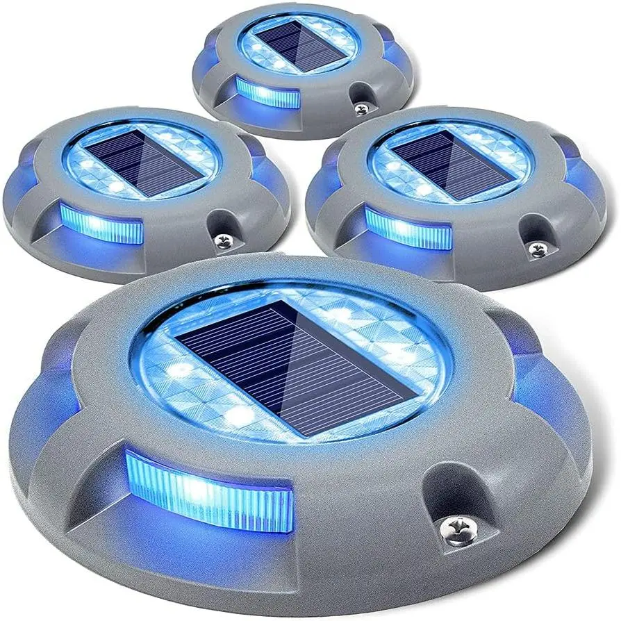 Solar Deck Lights Driveway Dock Light LED Solar  Outdoor  Road Markers for Garden Step Sidewalk Stair Ground Pathway Yard 4 Pack (Blue)
