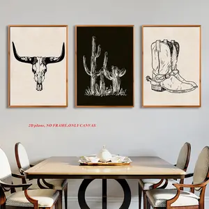 3-Piece Set, Western Cowboy Aesthetic Posters, Wild West-Themed Black-and-White Prints, Southwest-Style Art Decor, Fashionable Cowboy Art Canvas Prints, Canvas Printing, 2D Frameless, Artwork, Vintage Wall Art
