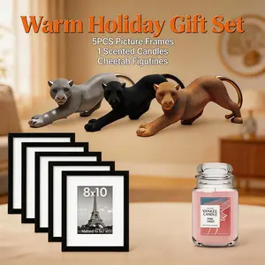 Warm Holiday Prosperity Gift Set: Resin Cheetah & 5PCS Plastic Picture Frames & 22oz Pink Sands Scented Candle Customizable Luxurious Home Decor original smelling candles at target
